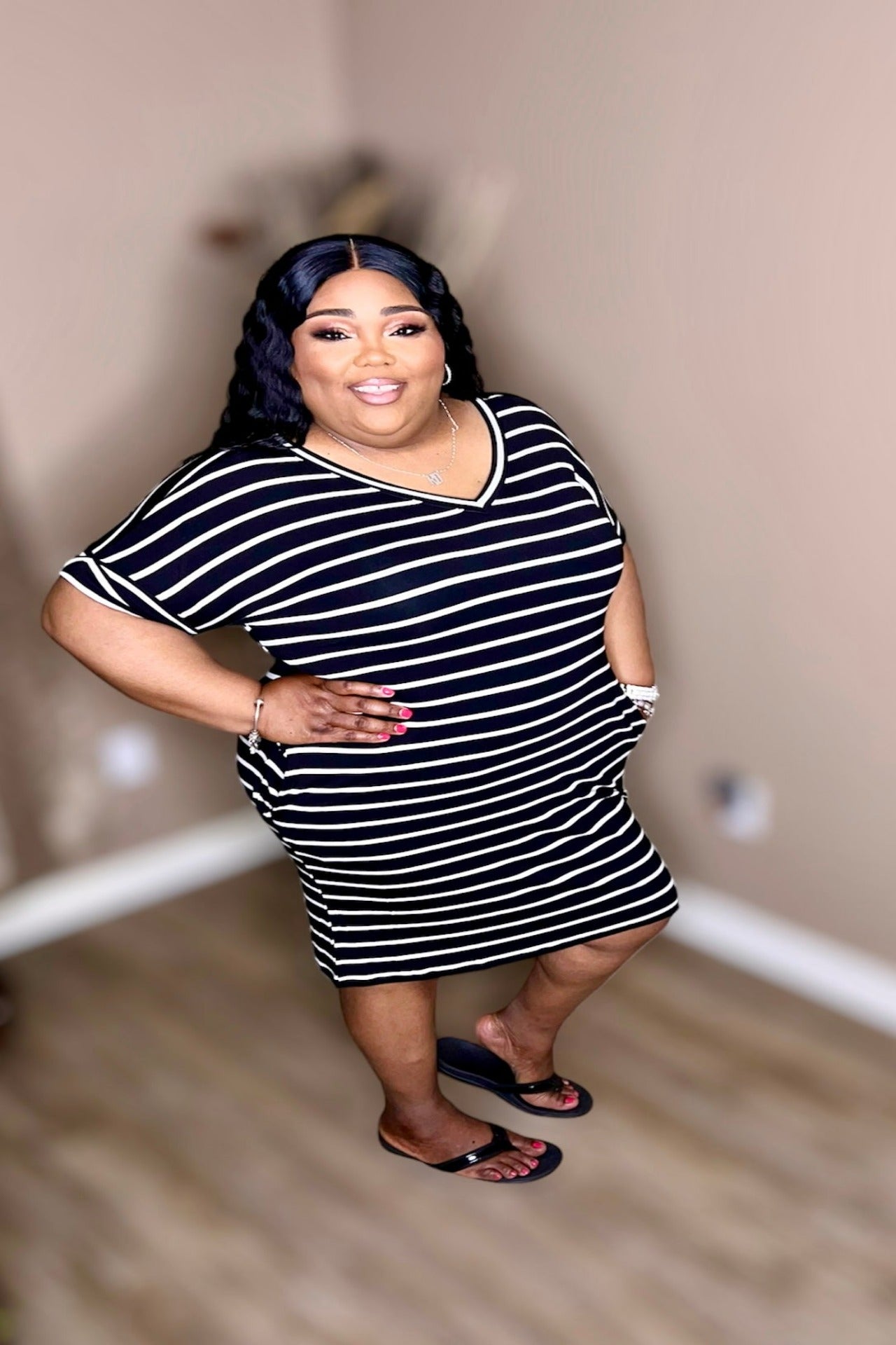 Black & White Stripe Rolled Short Sleeve V-Neck Dress (Regular & Kurvy)