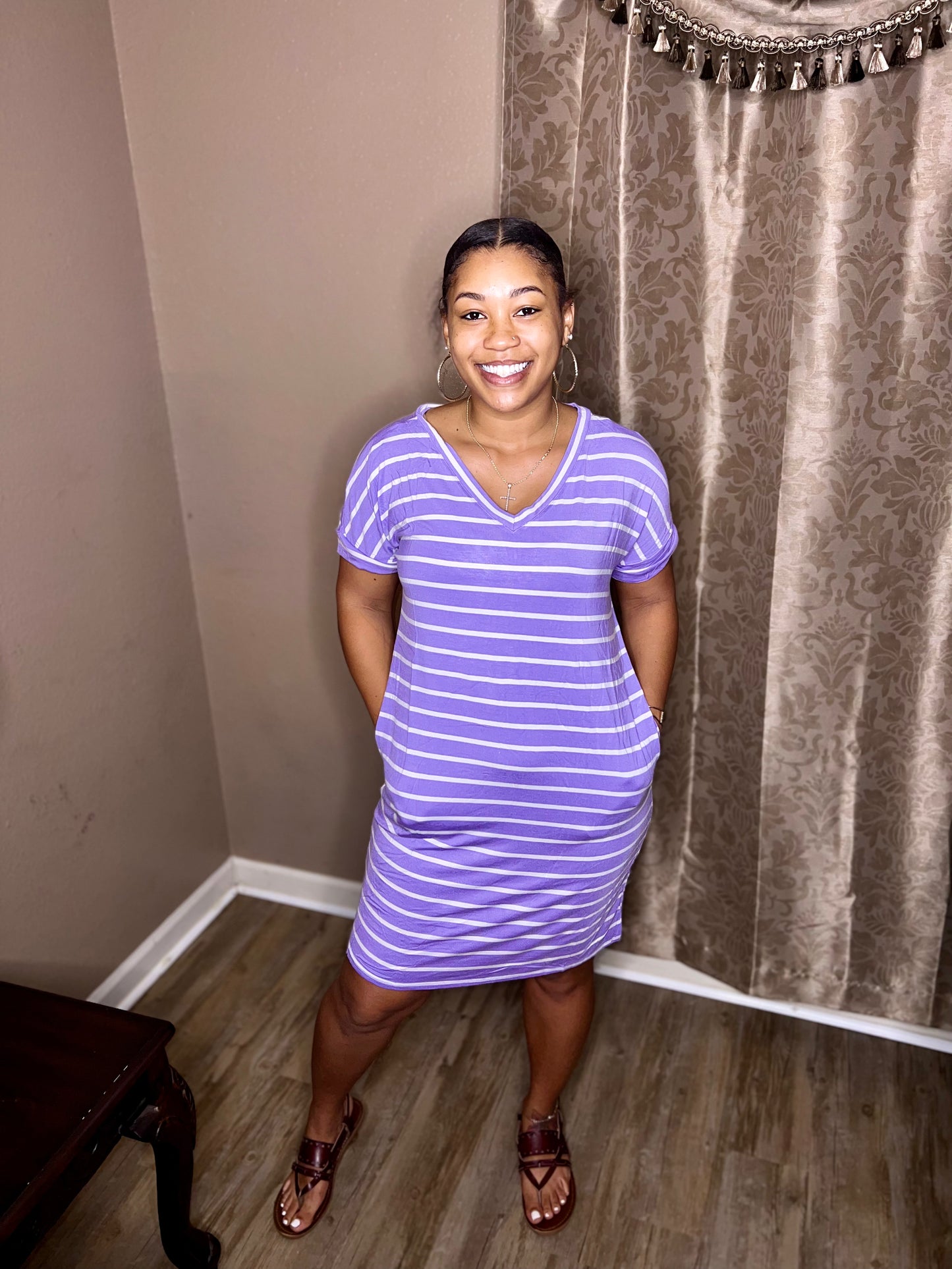 Lavendar Stripe Rolled Short Sleeve V-Neck Dress (Regular & Kurvy)