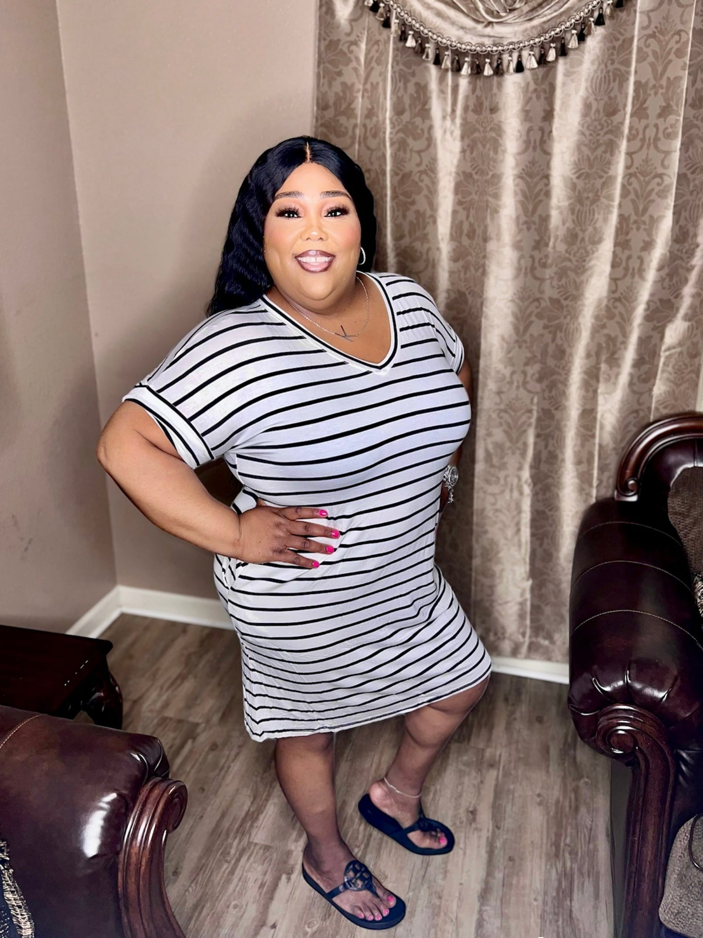 Ivory & Black Stripe Rolled Short Sleeve V-Neck Dress (Regular & Kurvy)