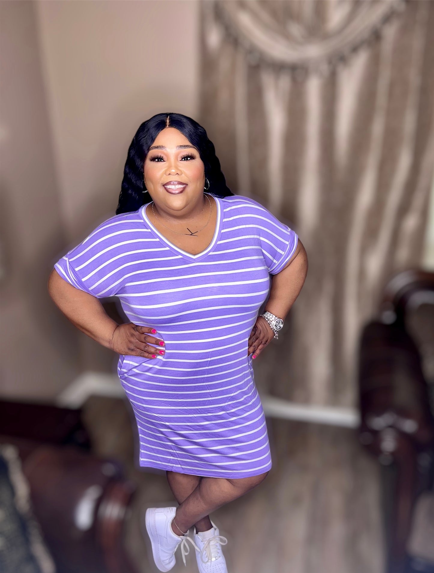 Lavendar Stripe Rolled Short Sleeve V-Neck Dress (Regular & Kurvy)