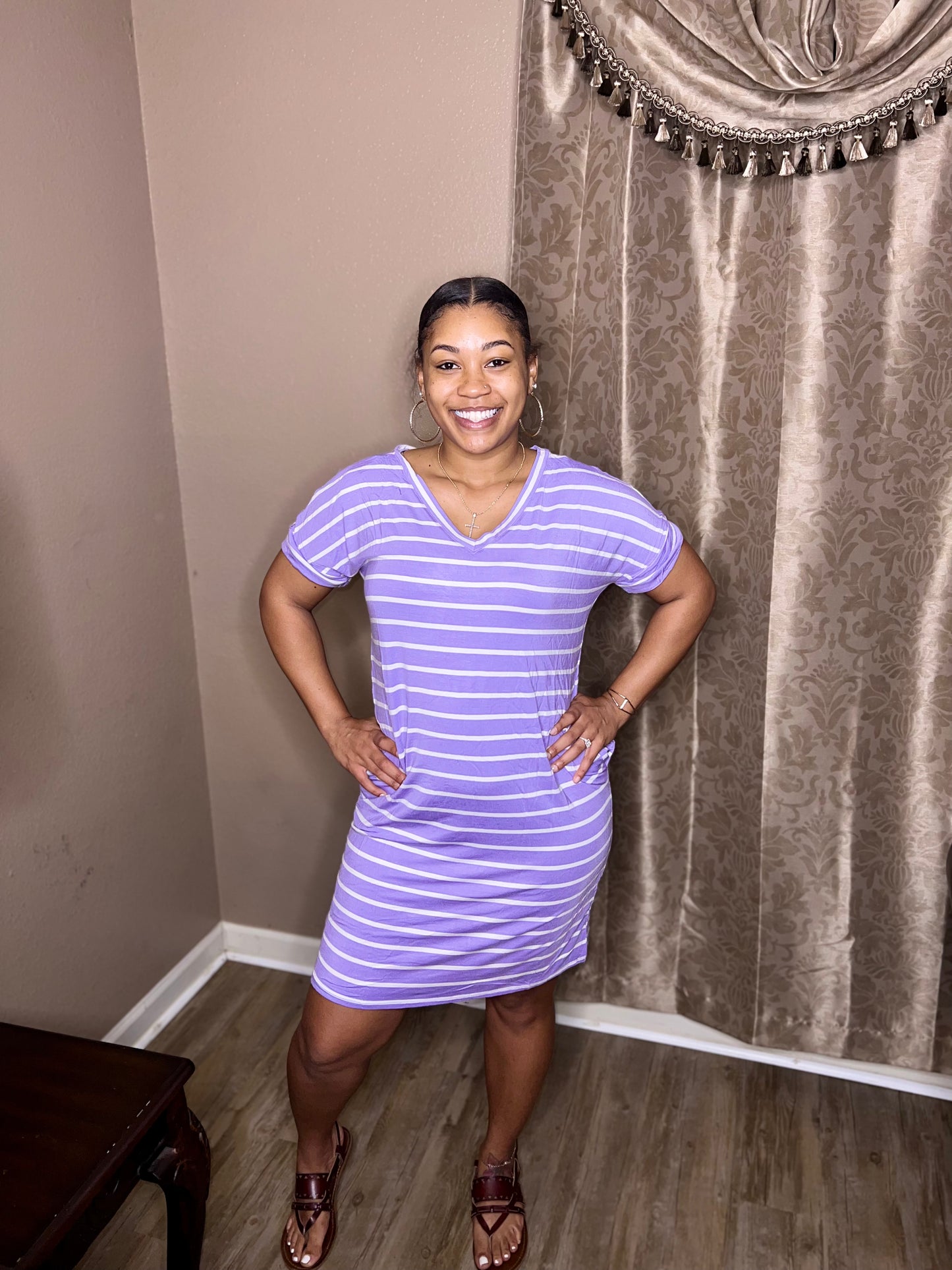 Lavendar Stripe Rolled Short Sleeve V-Neck Dress (Regular & Kurvy)