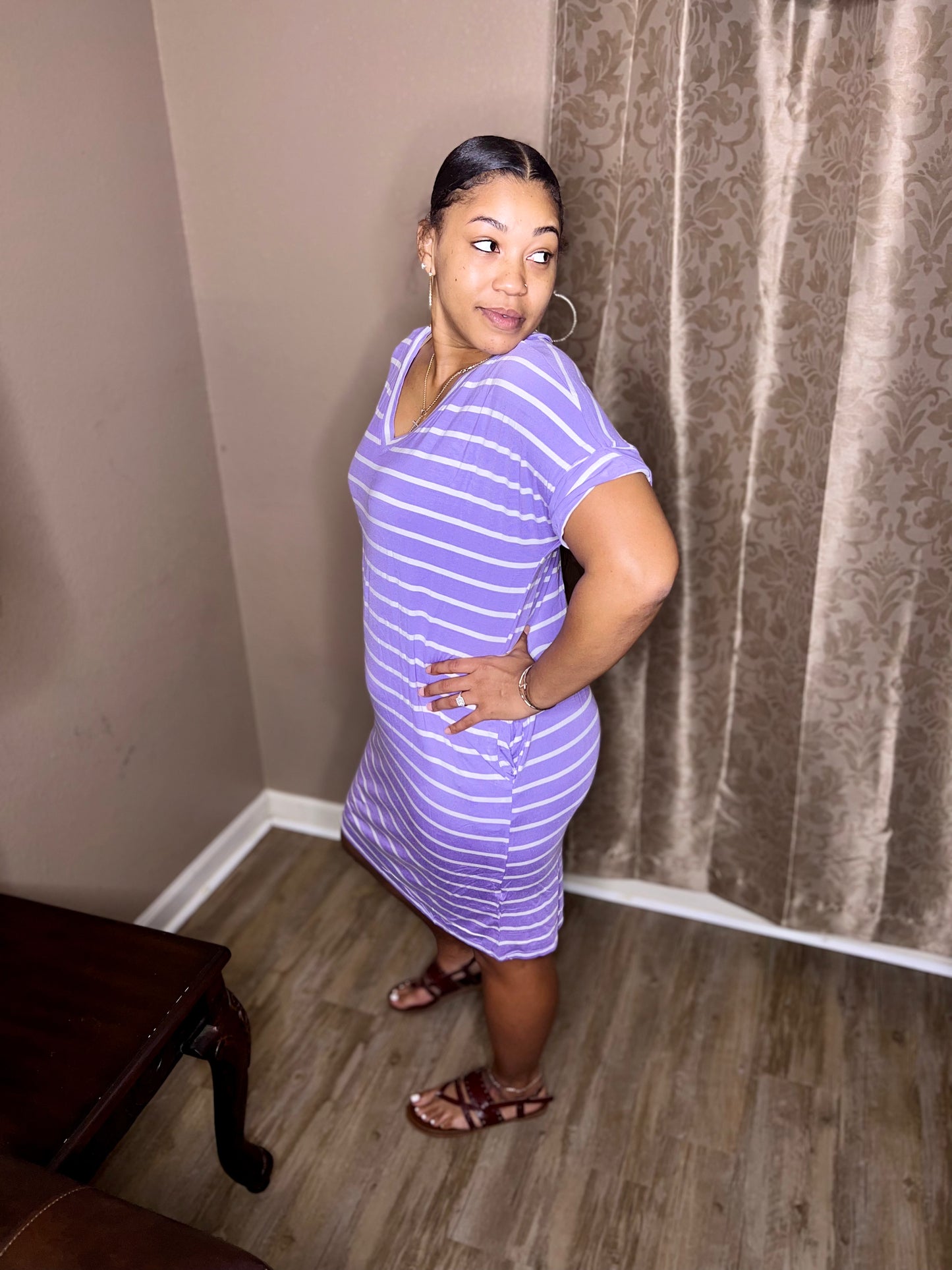 Lavendar Stripe Rolled Short Sleeve V-Neck Dress (Regular & Kurvy)