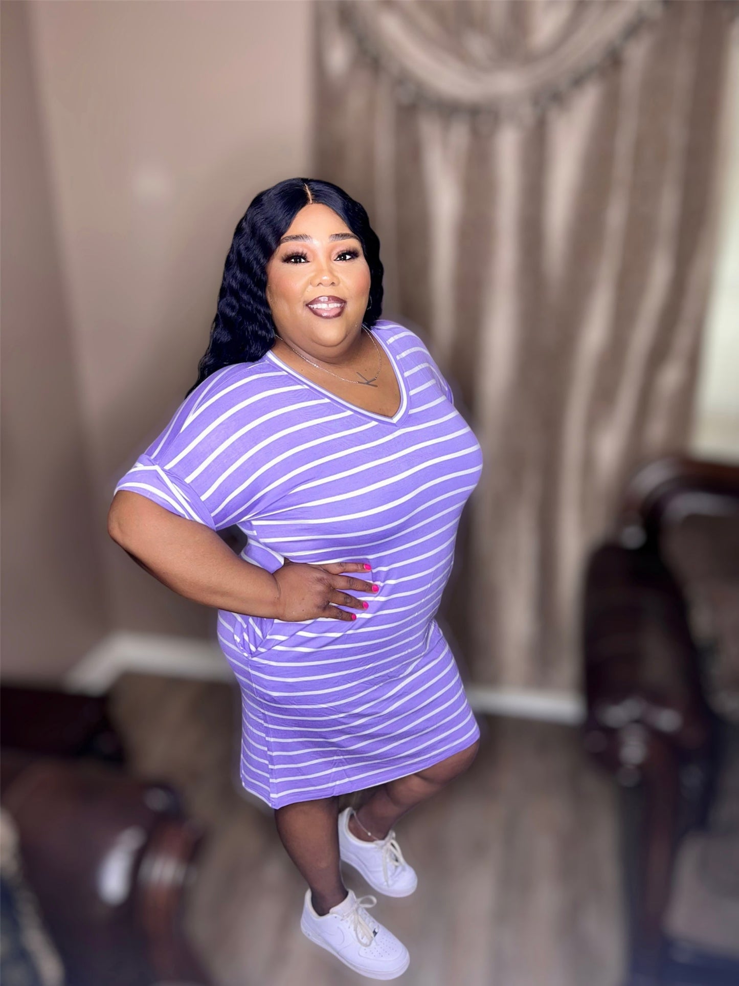 Lavendar Stripe Rolled Short Sleeve V-Neck Dress (Regular & Kurvy)