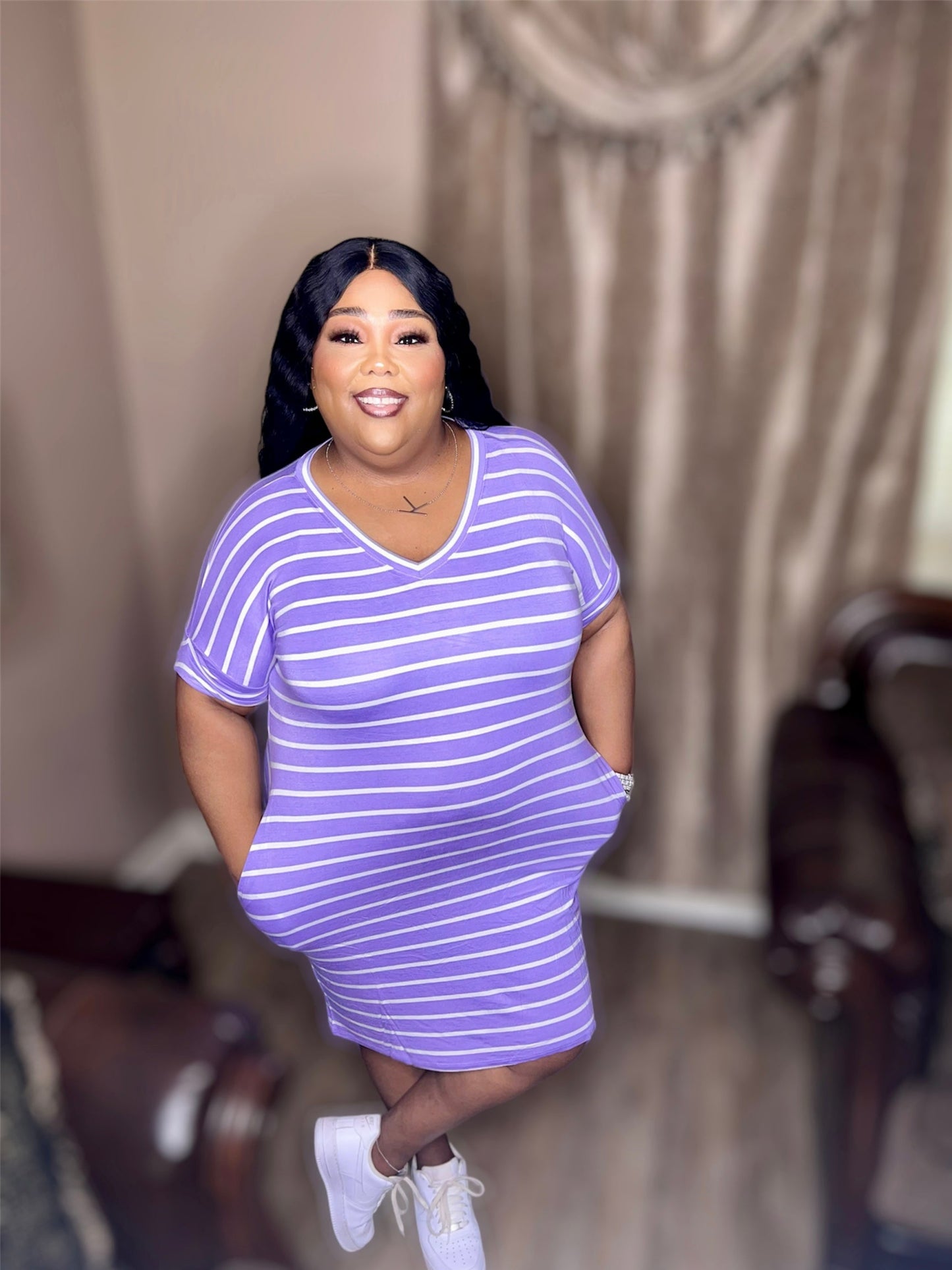 Lavendar Stripe Rolled Short Sleeve V-Neck Dress (Regular & Kurvy)