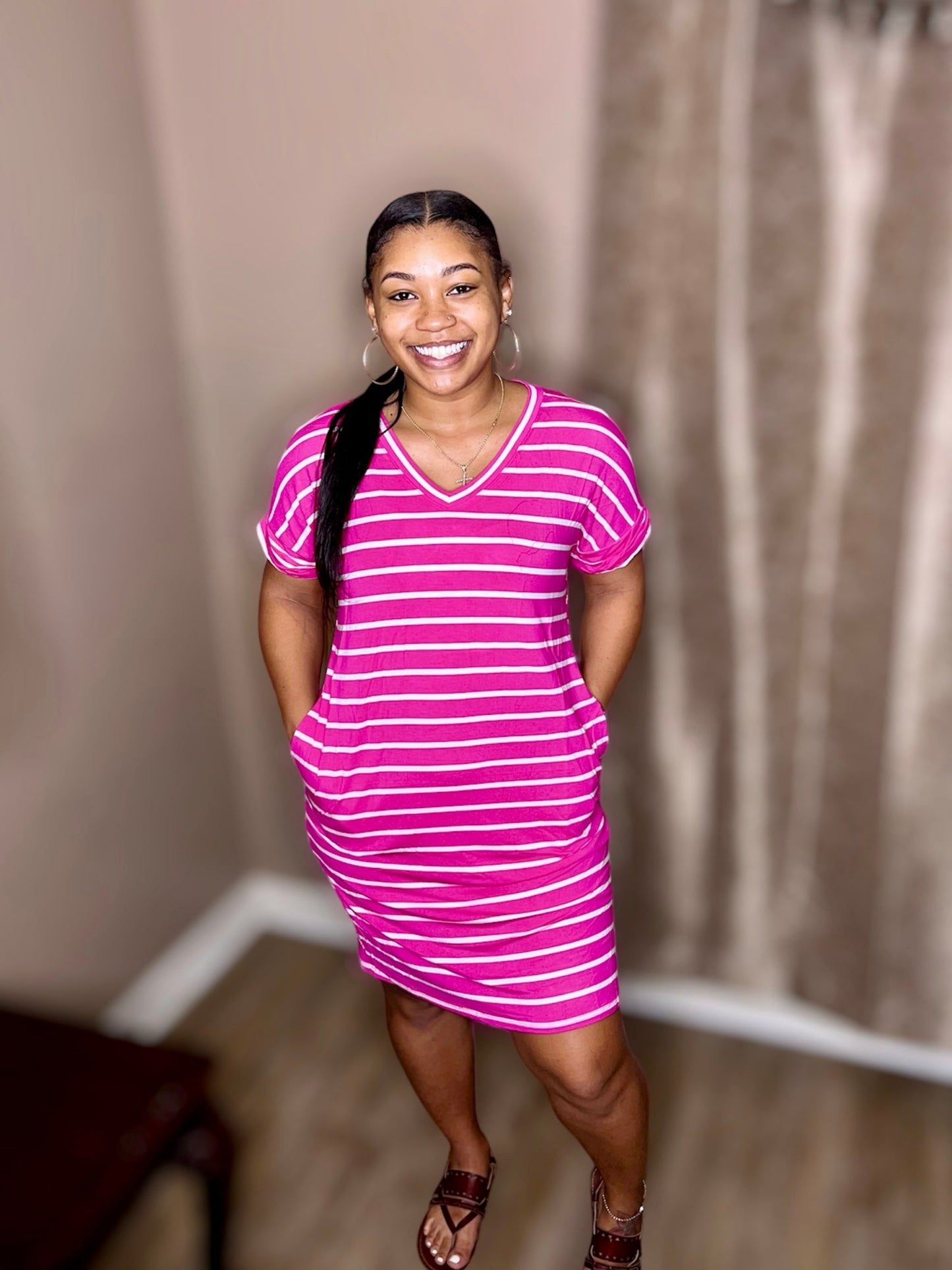 Pink Stripe Rolled Short Sleeve V-Neck Dress (Regular & Kurvy)