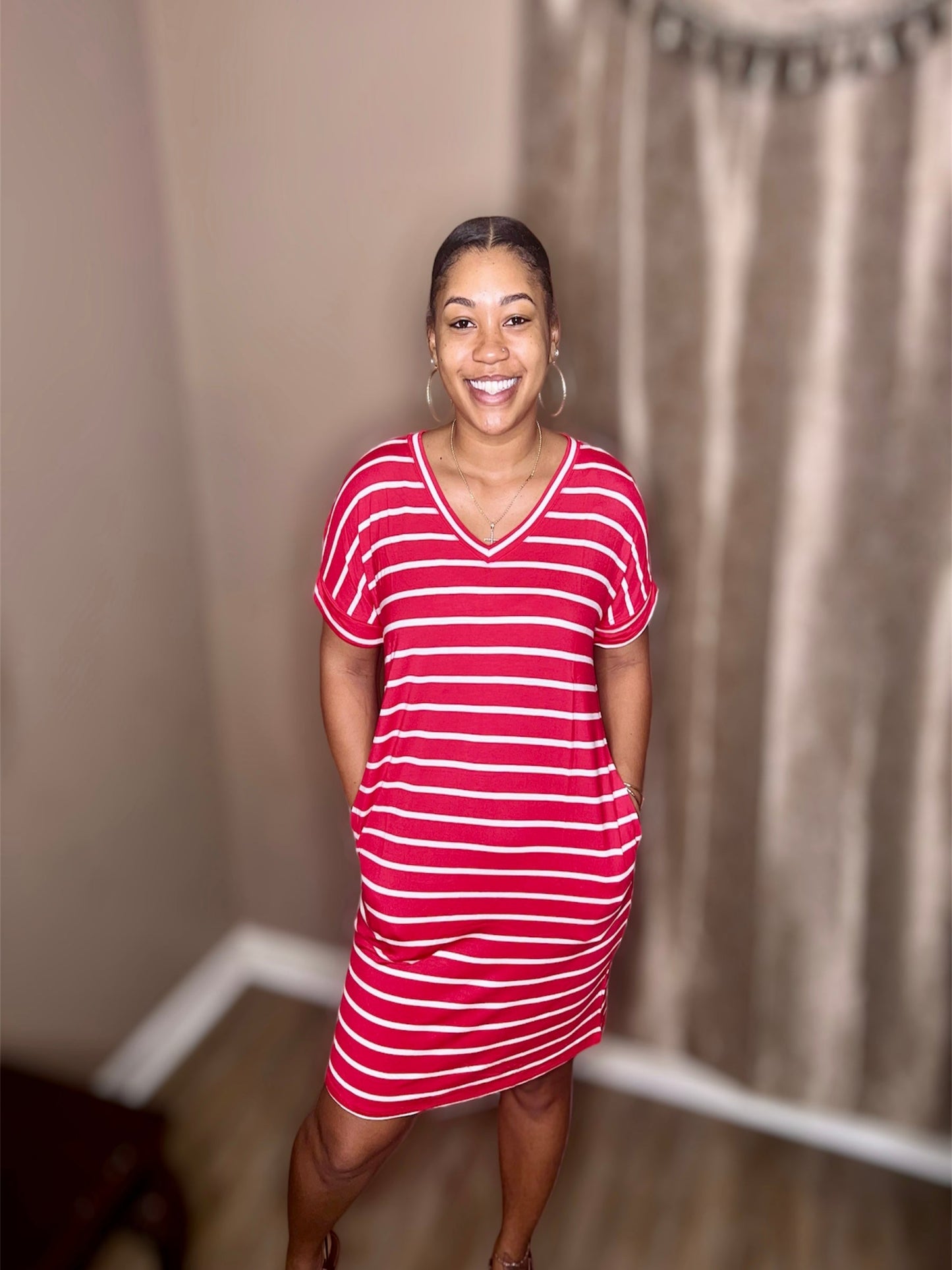 Red Stripe Rolled Short Sleeve V-Neck Dress (Regular & Kurvy)