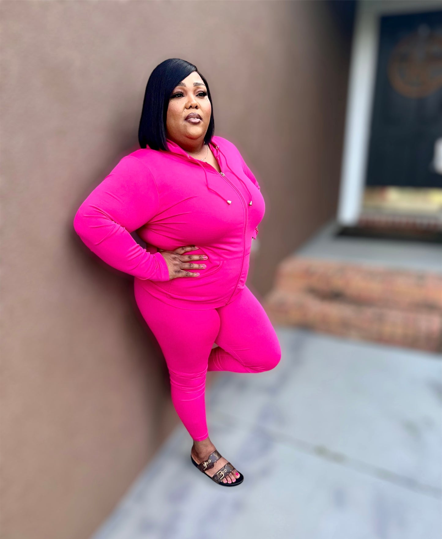 Hot Pink Seamless Zip Up Hoodie Set (Regular & Kurvy)