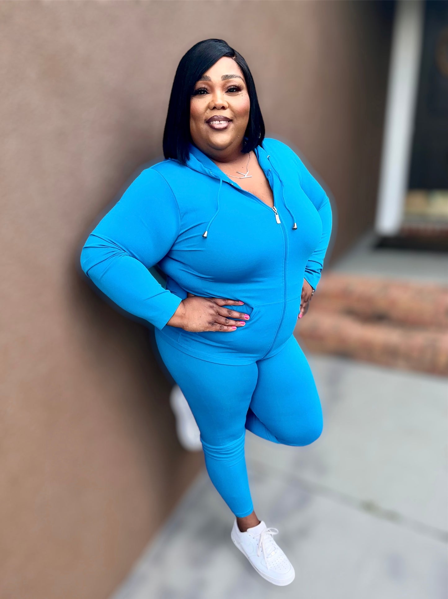 Turquoise Seamless Zip Up Hoodie Set (Regular & Kurvy)