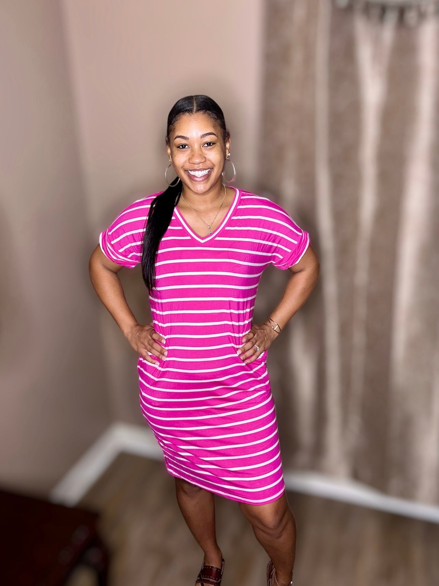 Pink Stripe Rolled Short Sleeve V-Neck Dress (Regular & Kurvy)