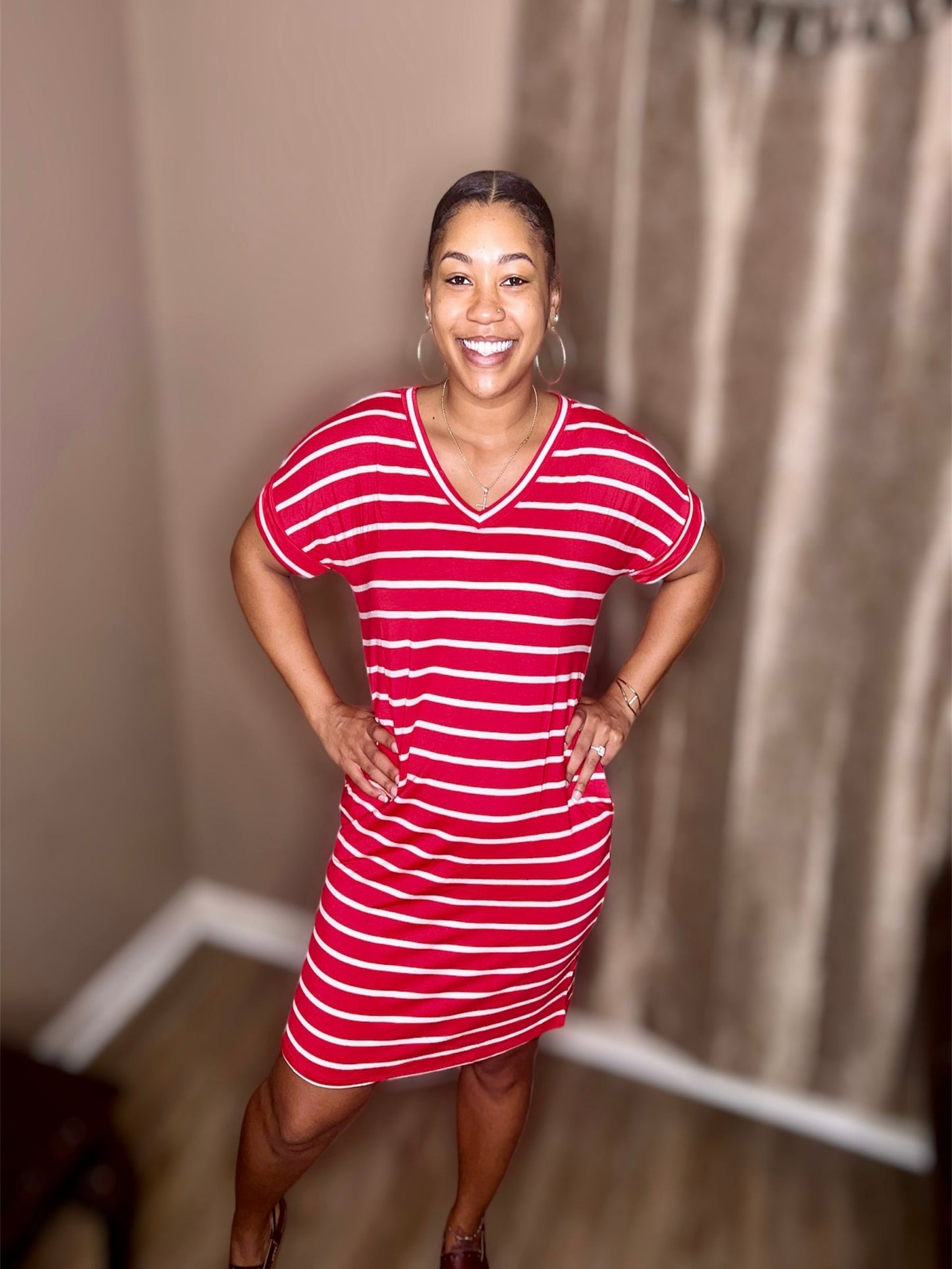 Red Stripe Rolled Short Sleeve V-Neck Dress (Regular & Kurvy)