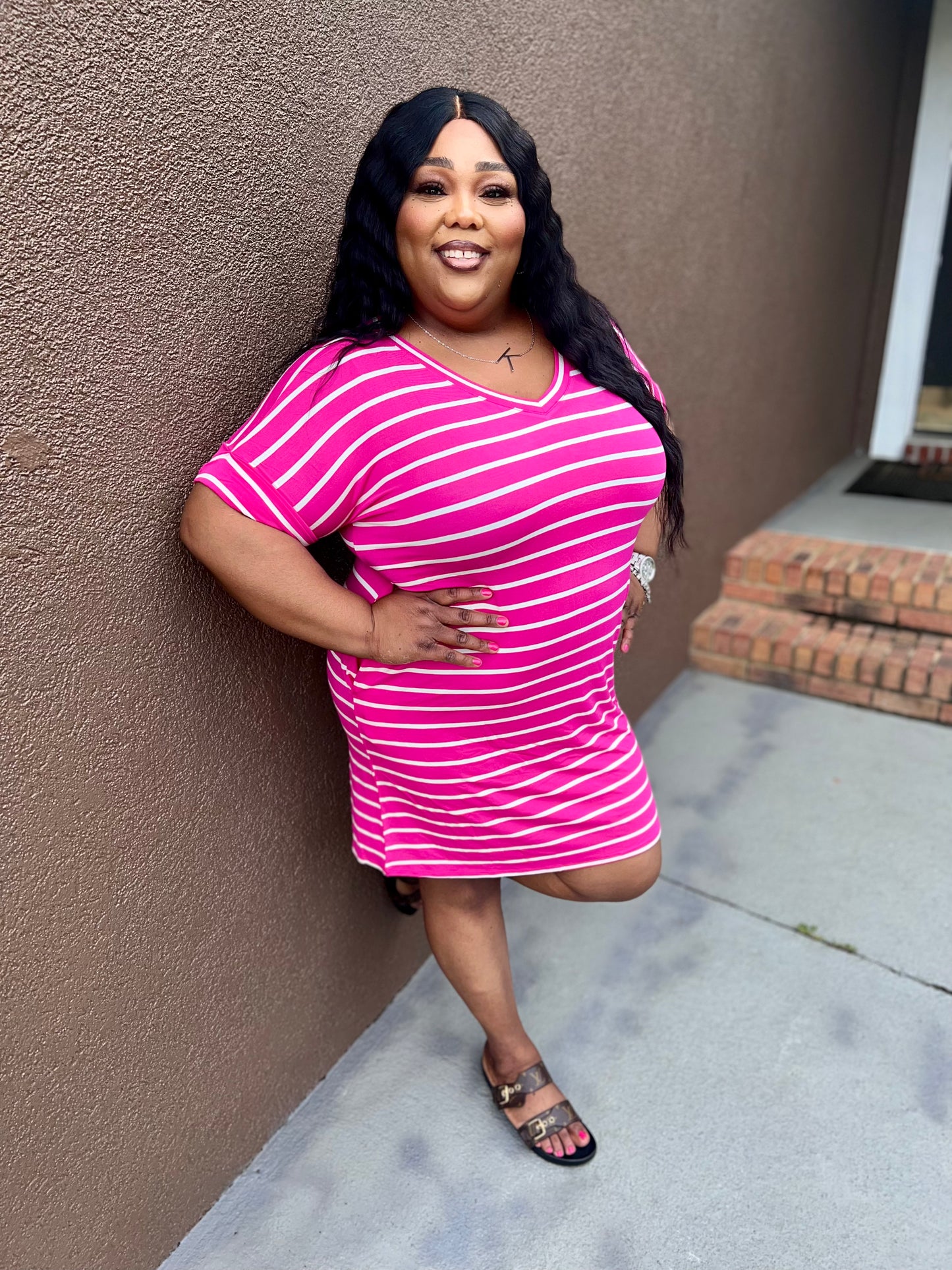 Pink Stripe Rolled Short Sleeve V-Neck Dress (Regular & Kurvy)