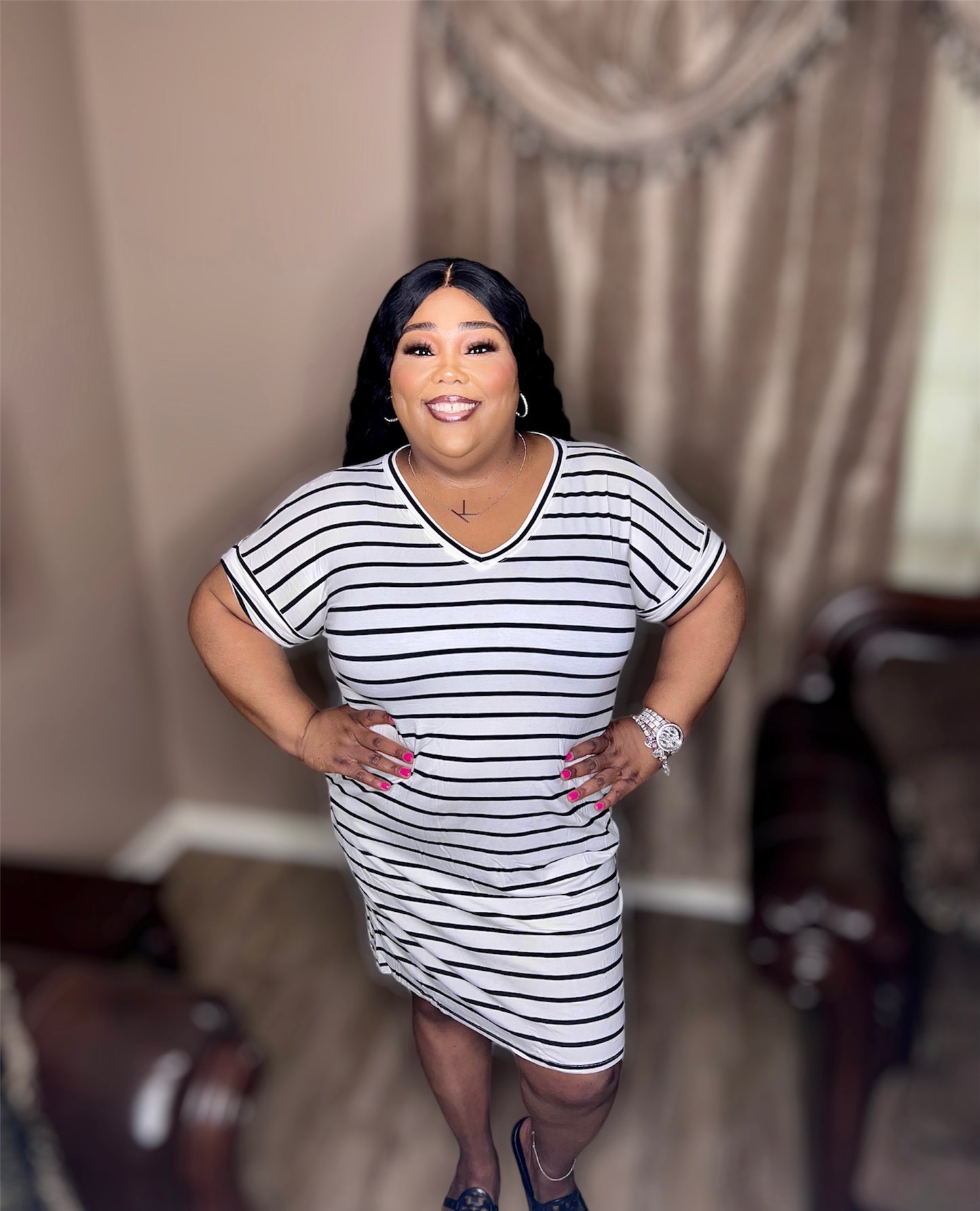 Ivory & Black Stripe Rolled Short Sleeve V-Neck Dress (Regular & Kurvy)