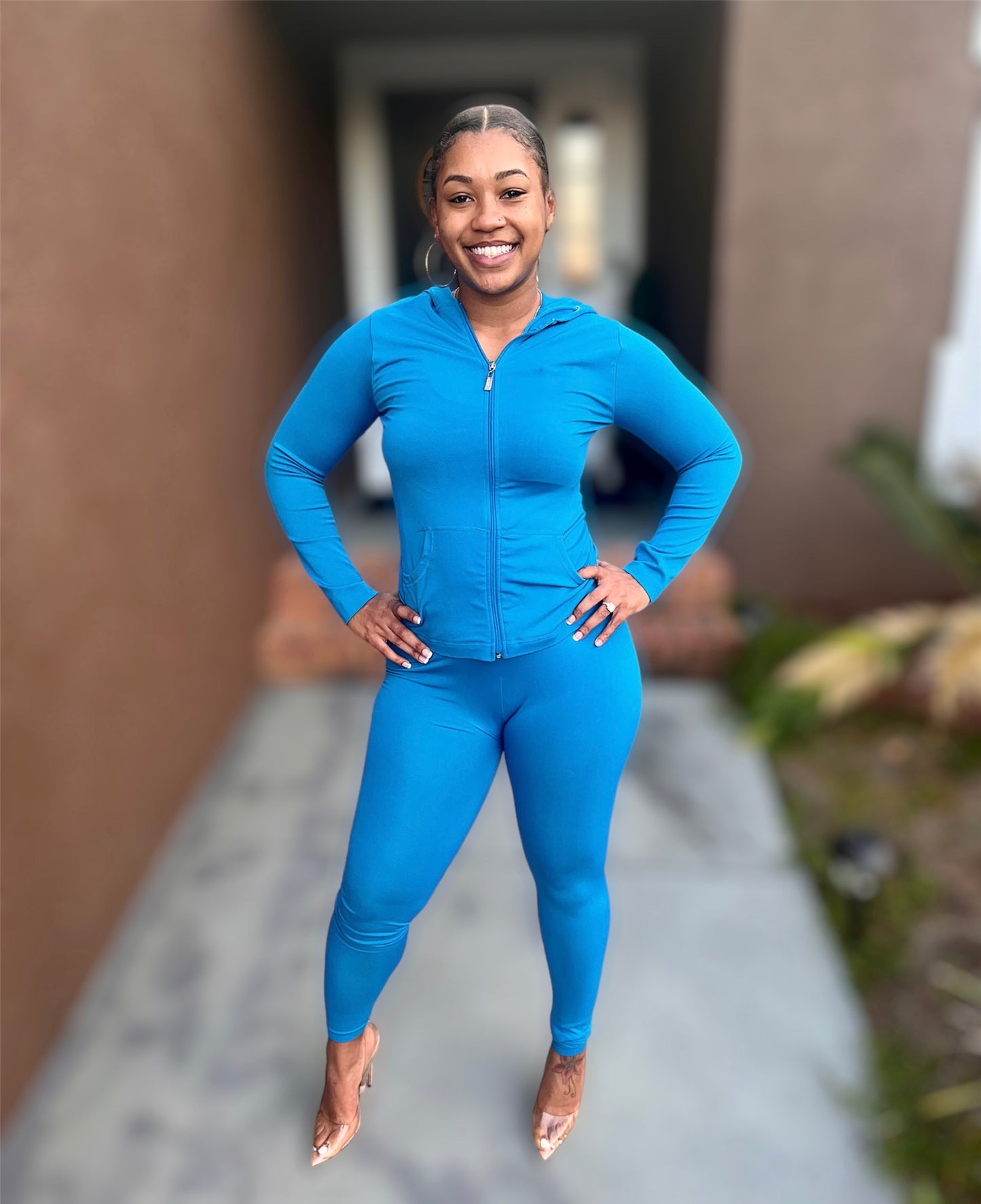 Turquoise Seamless Zip Up Hoodie Set (Regular & Kurvy)