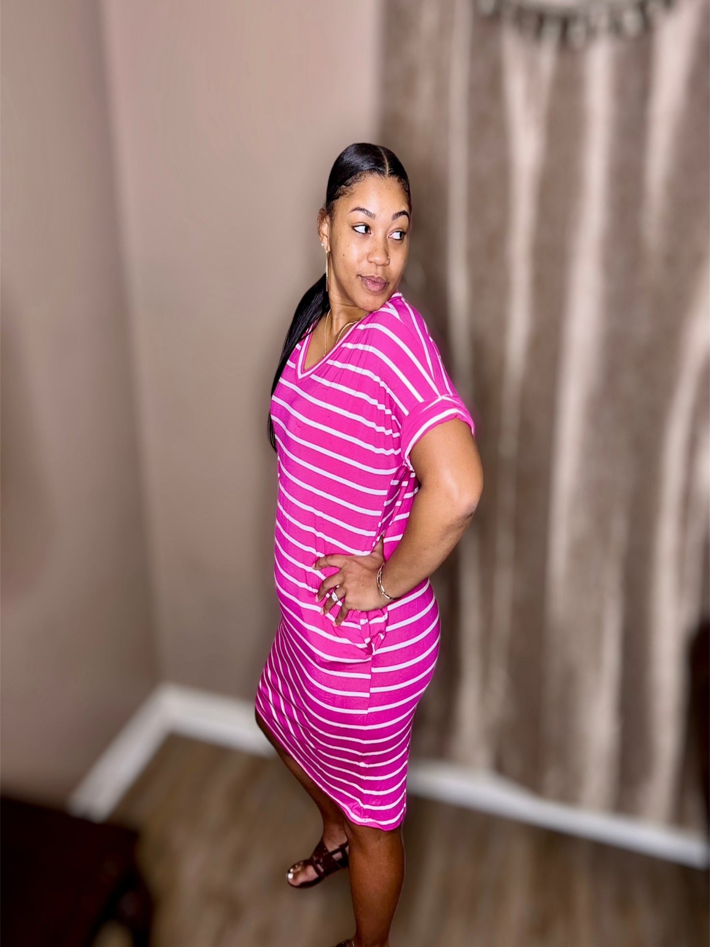 Pink Stripe Rolled Short Sleeve V-Neck Dress (Regular & Kurvy)